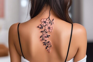 A tattoo of a blooming cherry blossom tree, its petals falling gently down the back, symbolizing beauty and the fleeting nature of life