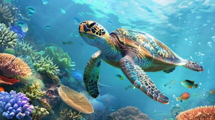 Fototapeta premium Sea Turtle Swimming Through Coral Reef