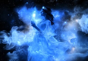 Naklejka premium This girl is dressed in oriental attire, the Queen of the Storm, Princess Jasmine. There is a twisting wind in the background and the light is mixed. This is an artistic photograph taking place in a