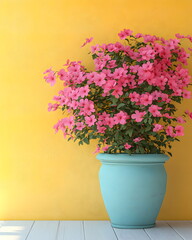 Fototapeta premium Cute blue potted plant and pink flowers on a white wooden floor in front of light yellow wall. There is plenty of space on the wall for writing text. Perfect for use as a background. Pastel tone.