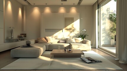 A contemporary living room in a minimalist style, showcasing stylish furniture, clean architectural lines, and a neutral color scheme for a serene atmosphere.