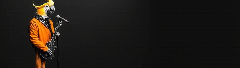 Pet in fancy costume concept. A cockatoo in a rockstar outfit with a tiny guitar, standing on a microphone stand