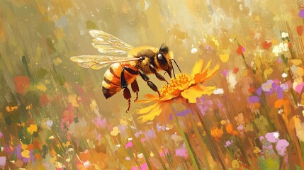 Naklejka premium A bee pollinates a yellow flower in a field of wildflowers.
