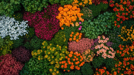 A striking aerial shot of a large flower bed, where a tapestry of vivid flowers is meticulously arranged in intricate patterns. The colorful blooms form an artistic and harmonious landscape.
