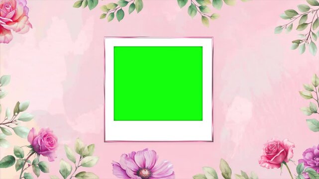 Wedding flower watercolor composition with polaroid template green screen, floral background seamless loop animation background