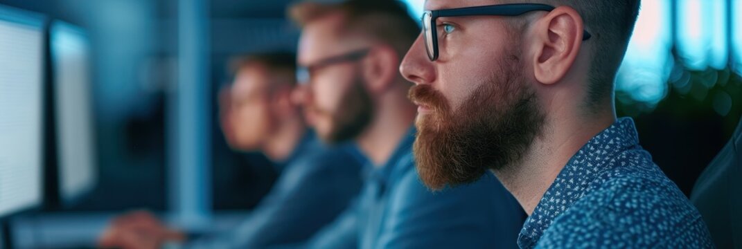 A focused software developer working on code across multiple screens in a dimly lit office, representing programming, technology, and development.