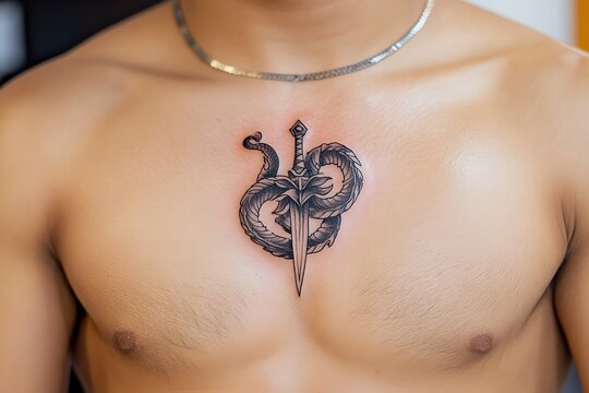 A tattoo of a serpent coiled around a dagger, representing power and protection, placed on the chest or forearm
