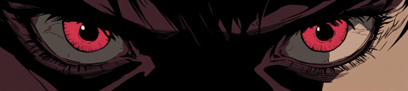 Bold and intense expression of an anime face with fiery red eyes.