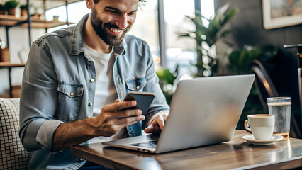 Fototapeta premium Candid Moment of Online Shopping: Authentic Expressions of Spending and Savings Captured on Laptop or Mobile Device in Relatable Stock Photo Concept