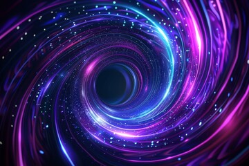 Abstract vector background with blue and purple glowing lines forming the shape of an infinite vortex or wormhole, creating motion effects on a dark space backdrop. Space time tunnel concept. Vector i