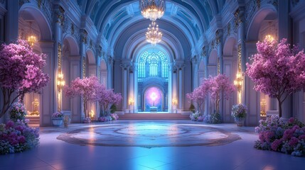 Obraz premium A stunning palace interior adorned with vibrant pink trees, elegant chandeliers, and soft blue lighting creating a magical atmosphere.