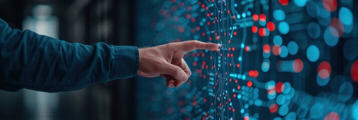 Close-up of a hand pointing at a futuristic digital interface with glowing data points and circuit patterns, representing technology and innovation.