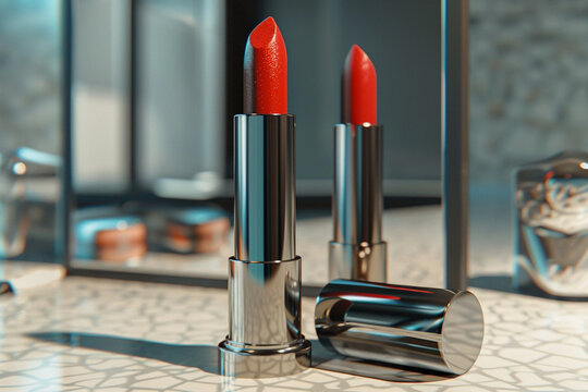 An Opened Lipstick in Front of a Mirror &ndash; Perfect for Beauty Enthusiasts, Capturing Elegance and Sophistication, Ideal for Makeup and Fashion Photography with a Timeless Appeal