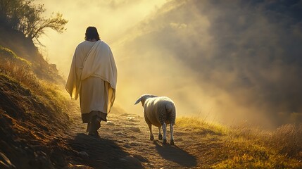 A lone figure in a flowing robe walks up a hillside path, followed by a white sheep. The sun shines through clouds overhead, casting a golden glow on the scene.