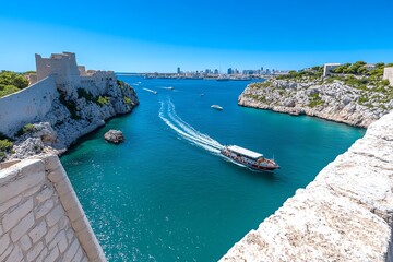 Obraz premium A view of the ChÃ¢teau d'If, the historic fortress on a small island, with boats passing by and Marseilleâ€™s skyline visible in the distance