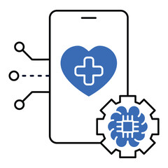 Obraz premium Mobile Health API Monoline Icon Design. Represents AI Health, Mobile Technology, Health API, Digital Health Services. Vector icon with editable Strokes and Colors.