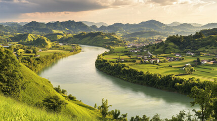 Obraz premium A river runs through a lush green valley with a town on the other side