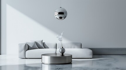 A modern living room with a sleek grey sofa, a round coffee table, and a shimmering disco ball hanging from the ceiling, casting reflections on the minimalist decor