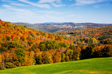 Fototapeta premium Autumn fall foliage leaves in the Vermont countryside. Colorful trees and forests in the changing seasons of New England.