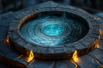 Obraz premium An enchanted fountain in the middle of the dungeon, its waters shimmering with magical properties that heal or curse depending on the drinkerâ€™s intent
