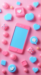 Pink and blue social media elements with smartphone and floating icons