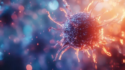 Microscopic virus cell, illuminated in a clean tech space, background blurred with light colors, bokeh effect and depth of field creating focus