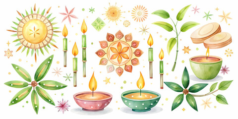 Seamless Eco-Friendly Watercolor Festival Tiles: Zero Waste Design with Sparklers, Rangoli, and Bamboo Utensils in Soft Festive Colors