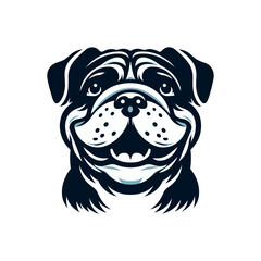 The image shows an artistic illustration of a cheerful bulldog face, designed in a bold, stylized format.






