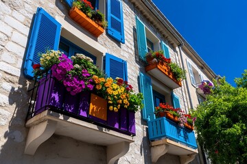 The colorful shutters and balconies of Arles' old town, with potted plants and laundry hanging out to dry