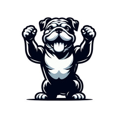 The image shows an artistic illustration of a cheerful bulldog face, designed in a bold, stylized format.






