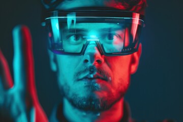 Close-up of a young man wearing a virtual reality headset, using hand gestures to interact with a futuristic digital interface, surrounded by glowing blue and red lights