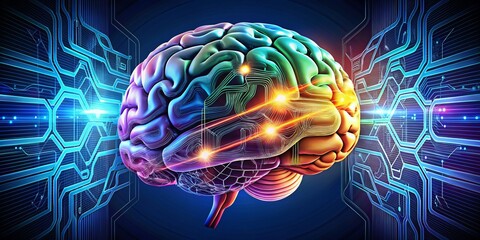 Technical illustration of brain structure, showcasing high-level precision, with a bold and graphic style, emphasizing technical accuracy over artistic flourishes.
