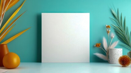 Minimalist White Square Decor Against Light Blue Wall.