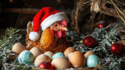 Chicken in Santa Hat Surrounded by Colorful Eggs in a Festive Nest.