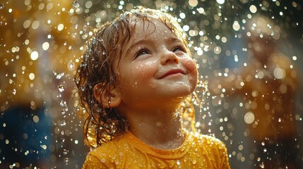 Obraz premium A Young Child Joyfully Bathed in a Shower of Raindrops