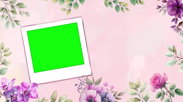 Wedding flower watercolor composition with polaroid template green screen, floral background seamless loop animation background