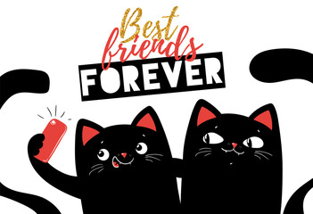 Cute black cats in kawaii style, making selfie, with slogan best friends forever, flat vector illustration