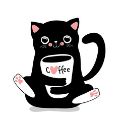 Black Cat holding Coffee cup, perfect for Caffeine Lovers, Cat Lovers. Kawaii flat style, Vector Illustration.