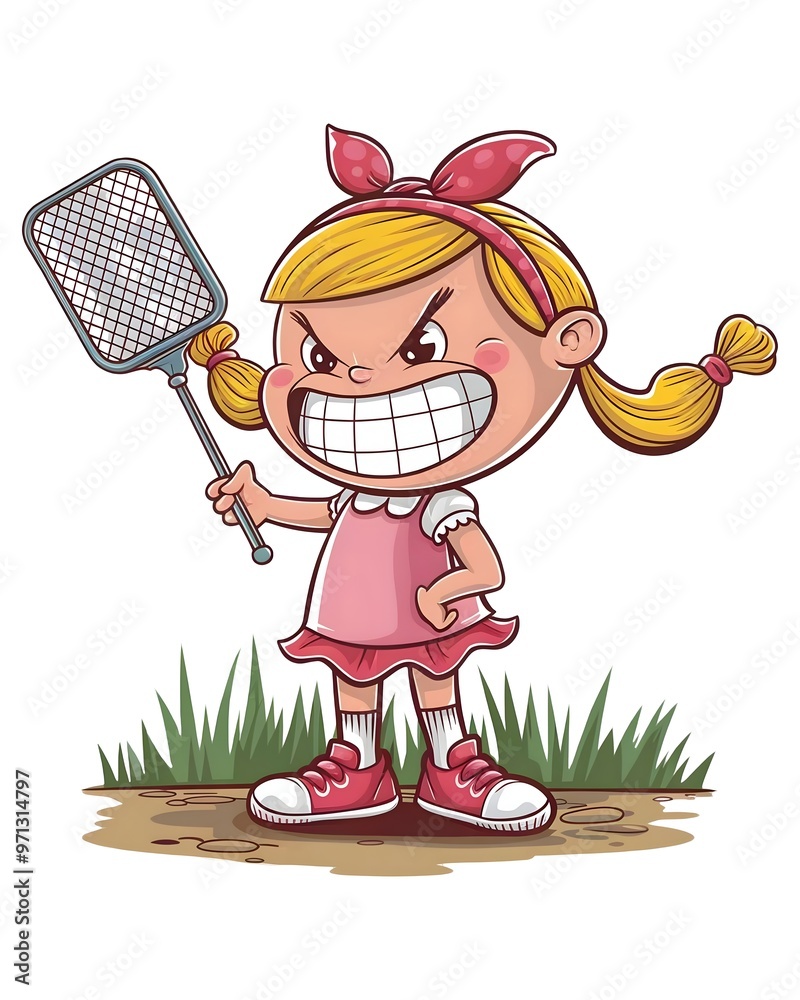 Sticker girl with fly swatter cartoon