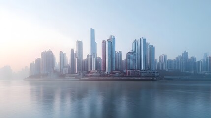 Fototapeta premium City Skyline Reflected in Calm Water at Dawn