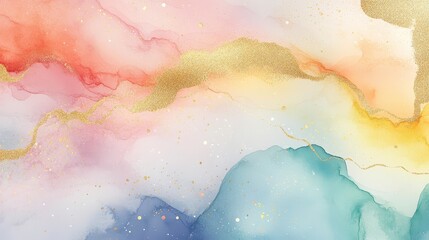 Fototapeta premium Mystical space-inspired watercolor art with pastel hues, soft rainbows, and shimmering gold accents. Dreamy prism effect.