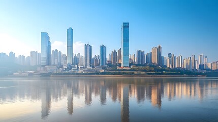 Modern Skyscrapers Reflected in a Calm River