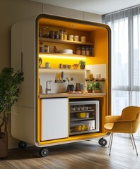 Modern kitchen with open fridge in cozy small space featuring yellow accent details and natural light