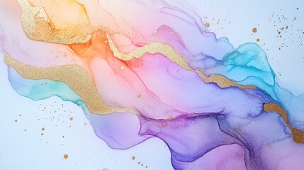 Fototapeta premium Mystical watercolor illustration with alcohol ink swirls, pastel rainbow hues, and gold accents glowing in a dreamy space.