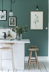 Modern kitchen with teal blue walls, wooden stools, and framed art in Scandinavian style