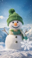 A snowman with a green hat and scarf is smiling