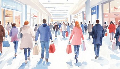 Fototapeta premium Black Friday rush, crowded mall, excited shoppers, watercolor style