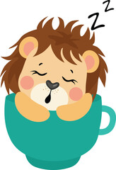 Cute lion sleeping inside a cup