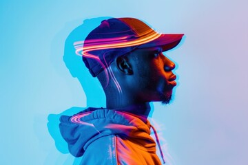A side profile of a young man wearing a cap, with a colorful neon light effect creating a vivid atmosphere
