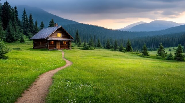 Rural Escape with Wooden Cabin Amidst Lush Fields and Majestic Mountains.